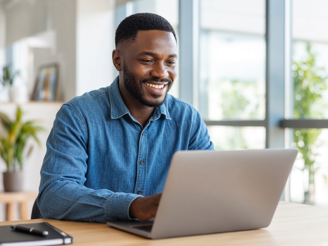 Business owner working on a laptop in a bright office